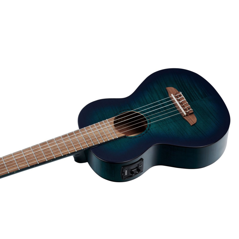 Ortega 1B-RGLE18BLF Mini Travel Series 1/8 Guitar 6 String - Flamed Mahogany Faded Blue + Bag