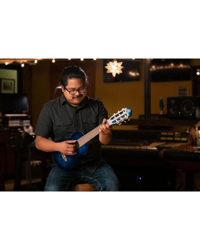 Ortega 1B-RGLE18BLF Mini Travel Series 1/8 Guitar 6 String - Flamed Mahogany Faded Blue + Bag