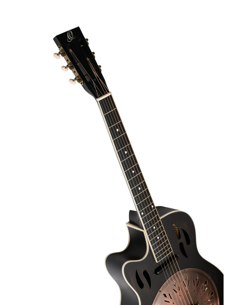 Ortega 1B-RRG40CEDBL Americana Series Resonator Guitar 6 String Lefty - Distressed Black / Antique Brass HW