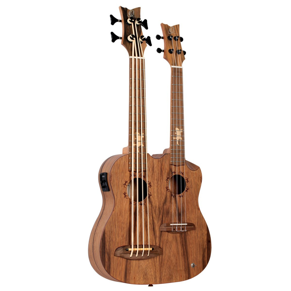 Ortega HYDRA-BSTE Custom Built Series Double-Neck UkeBass / Tenor Ukulele - Paldao Natural + Bag