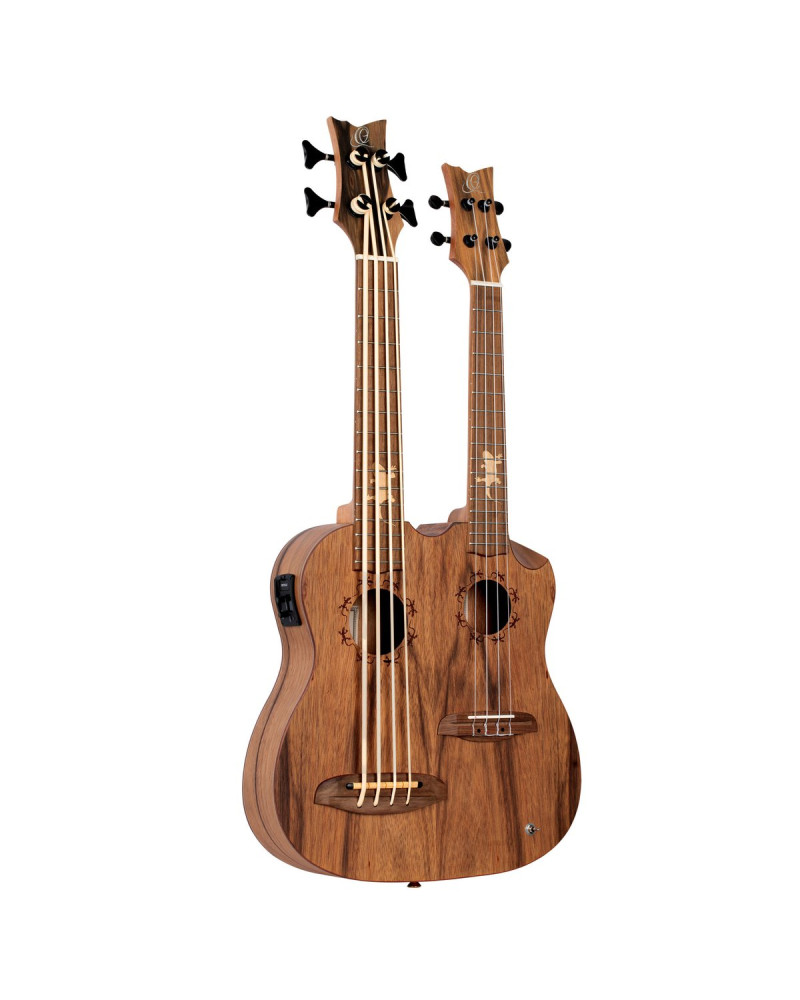 Ortega HYDRA-BSTE Custom Built Series Double-Neck UkeBass / Tenor Ukulele - Paldao Natural + Bag