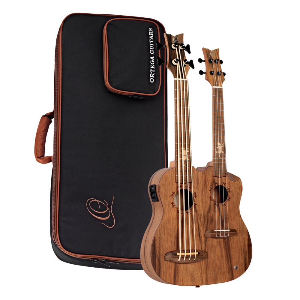 Ortega HYDRA-BSTE Custom Built Series Double-Neck UkeBass / Tenor Ukulele - Paldao Natural + Bag