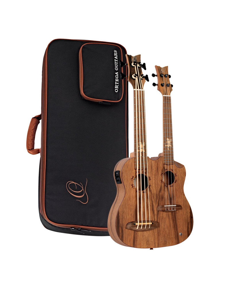 Ortega HYDRA-BSTE Custom Built Series Double-Neck UkeBass / Tenor Ukulele - Paldao Natural + Bag
