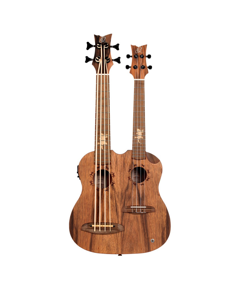 Ortega HYDRA-BSTE Custom Built Series Double-Neck UkeBass / Tenor Ukulele - Paldao Natural + Bag