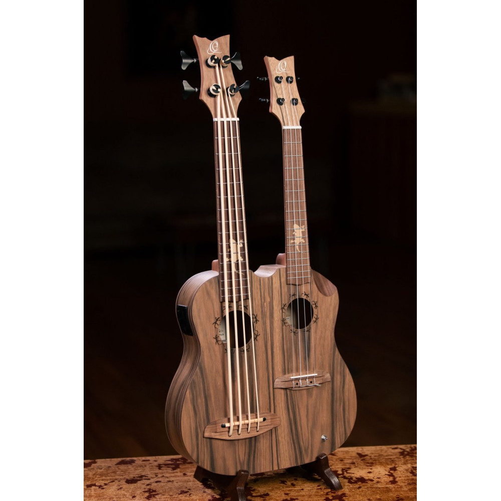 Ortega HYDRA-BSTE Custom Built Series Double-Neck UkeBass / Tenor Ukulele - Paldao Natural + Bag