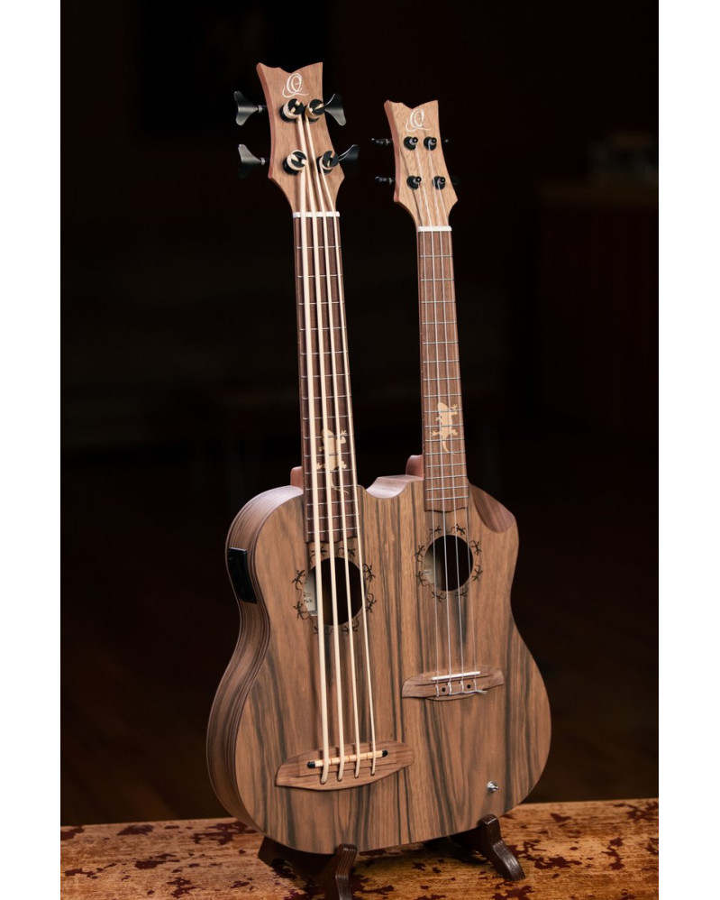 Ortega HYDRA-BSTE Custom Built Series Double-Neck UkeBass / Tenor Ukulele - Paldao Natural + Bag