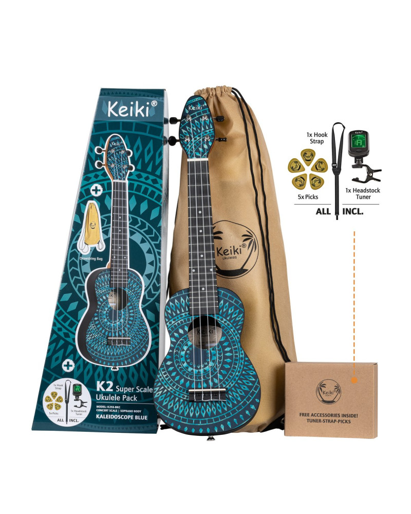 KEIKI K2 Series Superscale Soprano Ukulele Set - Agathis / Blue Kaleidoscope