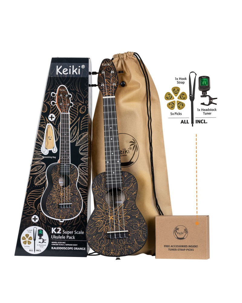 KEIKI K2 Series Superscale Soprano Ukulele Set - Agathis / Orange Kaleidoscope