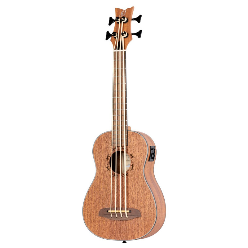 Ortega LIZZY-BS-GB-L Lizard Series Short Scale Uke Bass 4 String Lefty - Acacia Natural + Bag