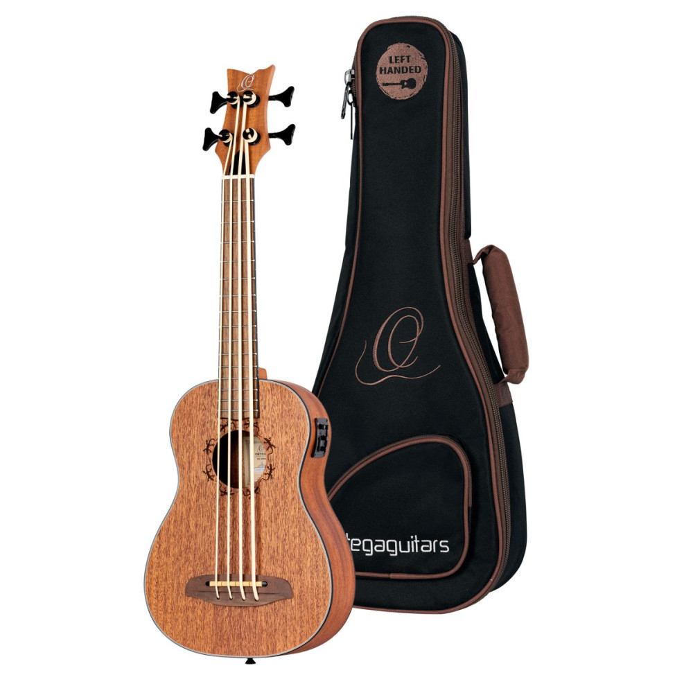 Ortega LIZZY-BS-GB-L Lizard Series Short Scale Uke Bass 4 String Lefty - Acacia Natural + Bag