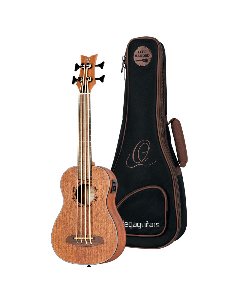 Ortega LIZZY-BS-GB-L Lizard Series Short Scale Uke Bass 4 String Lefty - Acacia Natural + Bag