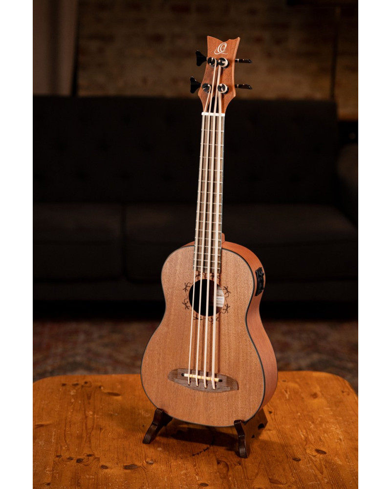 Ortega LIZZY-BS-GB-L Lizard Series Short Scale Uke Bass 4 String Lefty - Acacia Natural + Bag