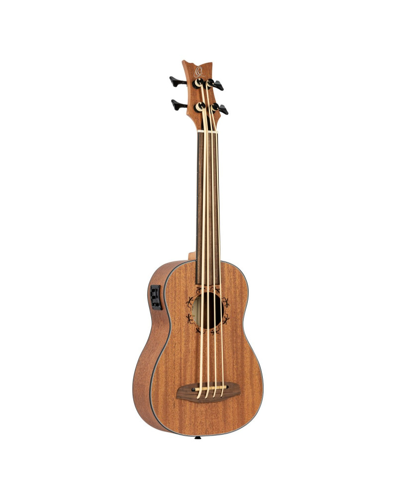 Ortega LIZZY-BSFL-GB Lizard Series Short Scale Fretless Uke Bass 4 String - Mahogany Natural + Bag