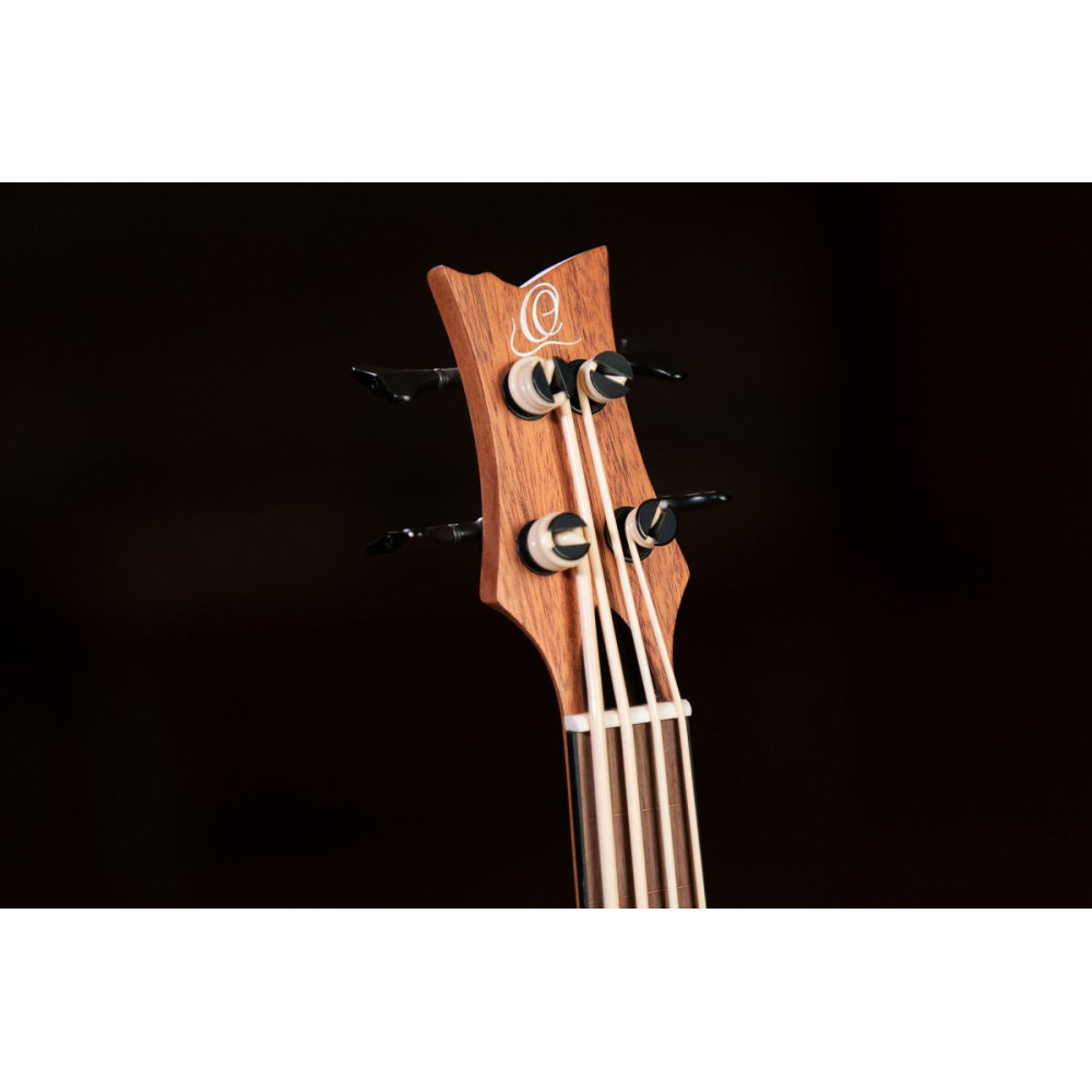 Ortega LIZZY-BSFL-GB Lizard Series Short Scale Fretless Uke Bass 4 String - Mahogany Natural + Bag