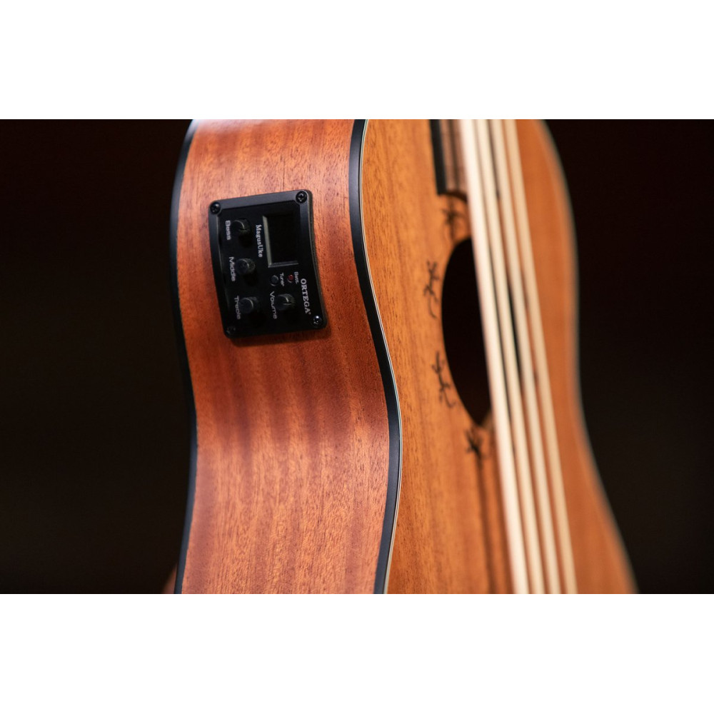 Ortega LIZZY-BSFL-GB Lizard Series Short Scale Fretless Uke Bass 4 String - Mahogany Natural + Bag