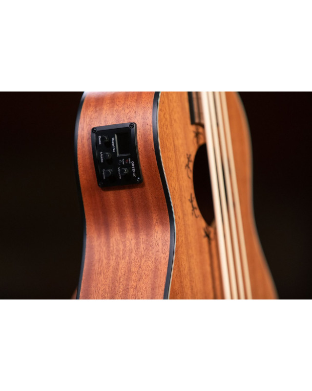 Ortega LIZZY-BSFL-GB Lizard Series Short Scale Fretless Uke Bass 4 String - Mahogany Natural + Bag