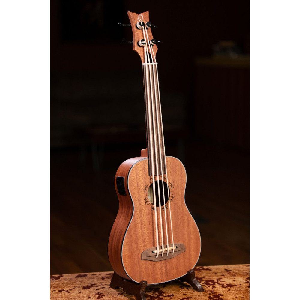 Ortega LIZZY-BSFL-GB Lizard Series Short Scale Fretless Uke Bass 4 String - Mahogany Natural + Bag