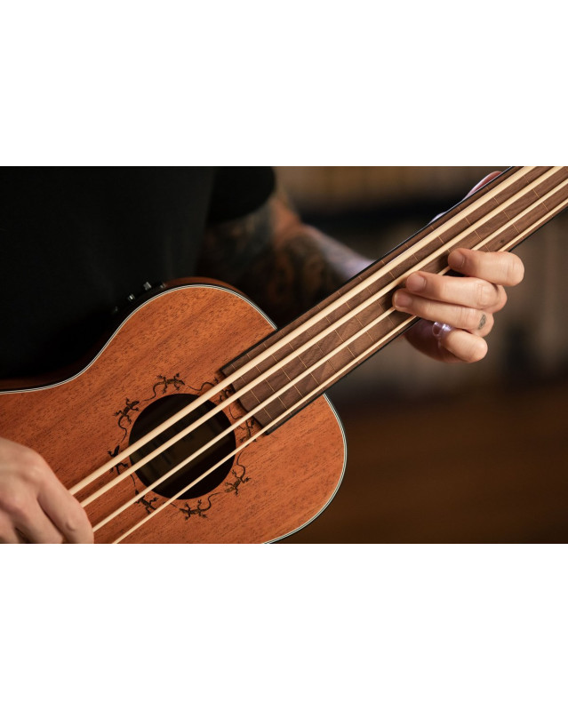 Ortega LIZZY-BSFL-GB Lizard Series Short Scale Fretless Uke Bass 4 String - Mahogany Natural + Bag