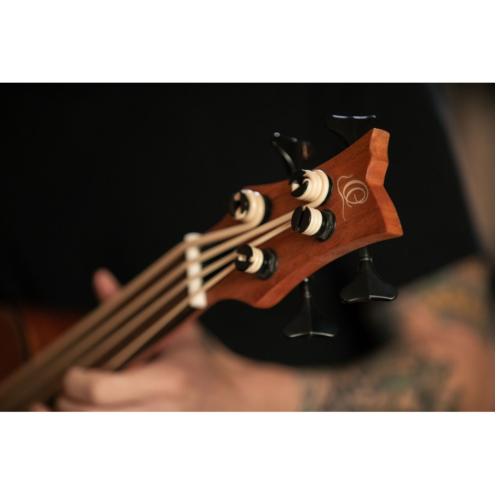 Ortega LIZZY-BSFL-GB Lizard Series Short Scale Fretless Uke Bass 4 String - Mahogany Natural + Bag