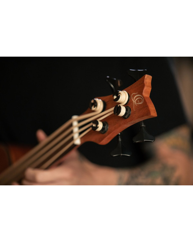Ortega LIZZY-BSFL-GB Lizard Series Short Scale Fretless Uke Bass 4 String - Mahogany Natural + Bag