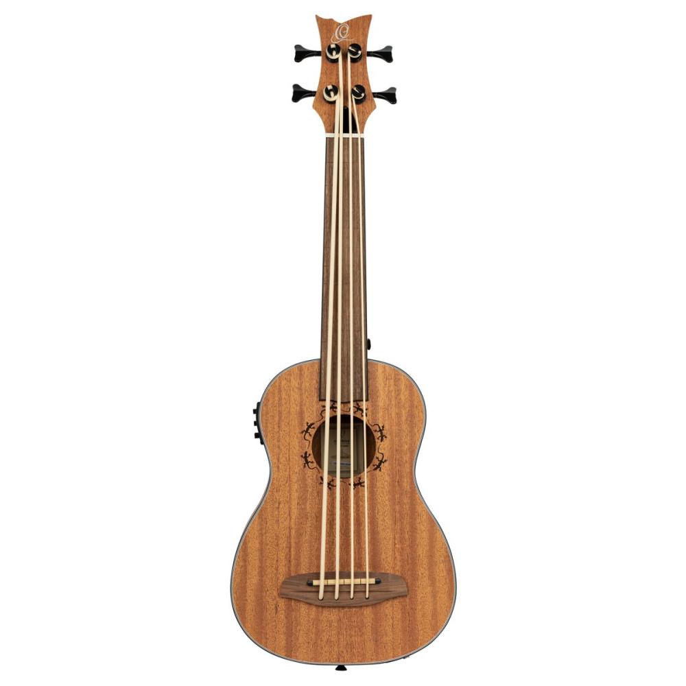 Ortega LIZZY-BSFL-GB Lizard Series Short Scale Fretless Uke Bass 4 String - Mahogany Natural + Bag