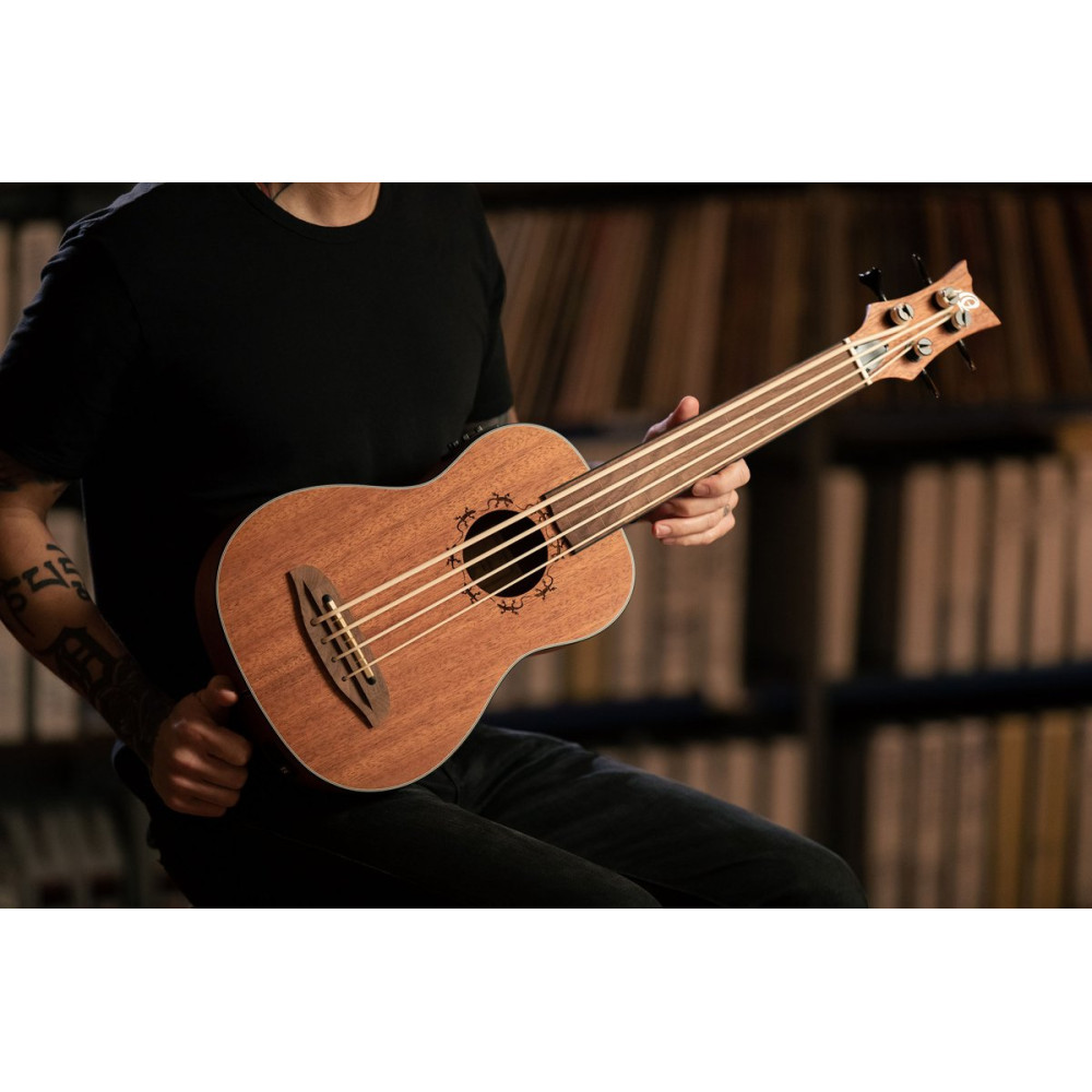 Ortega LIZZY-BSFL-GB Lizard Series Short Scale Fretless Uke Bass 4 String - Mahogany Natural + Bag