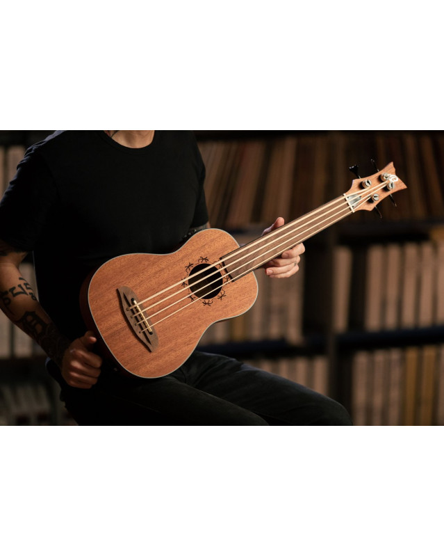 Ortega LIZZY-BSFL-GB Lizard Series Short Scale Fretless Uke Bass 4 String - Mahogany Natural + Bag