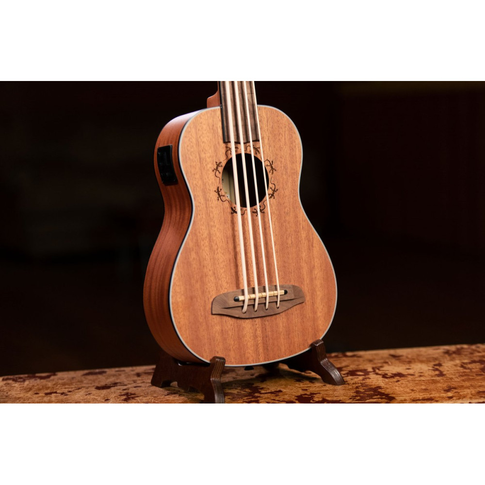 Ortega LIZZY-BSFL-GB Lizard Series Short Scale Fretless Uke Bass 4 String - Mahogany Natural + Bag