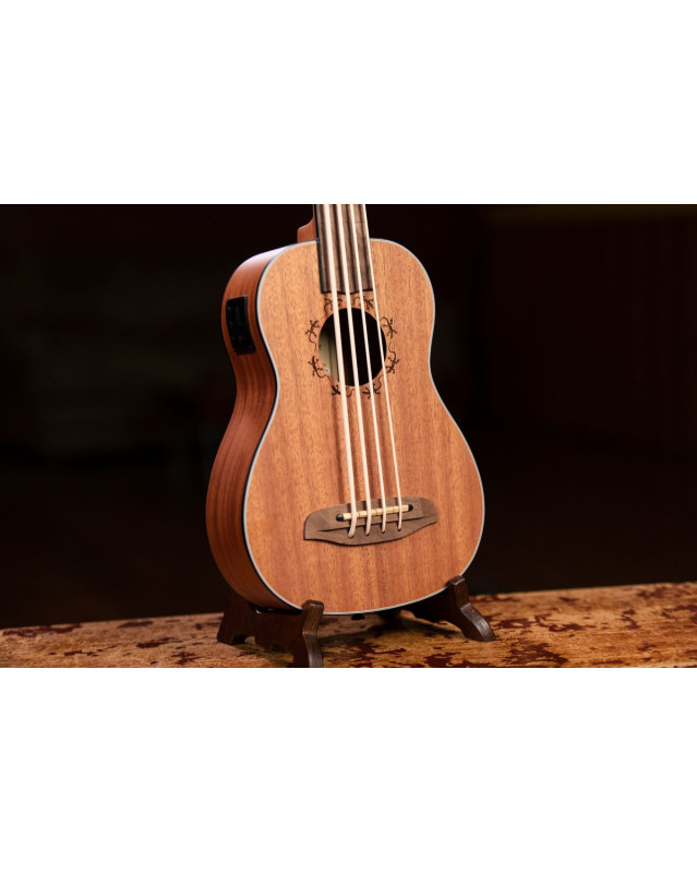 Ortega LIZZY-BSFL-GB Lizard Series Short Scale Fretless Uke Bass 4 String - Mahogany Natural + Bag