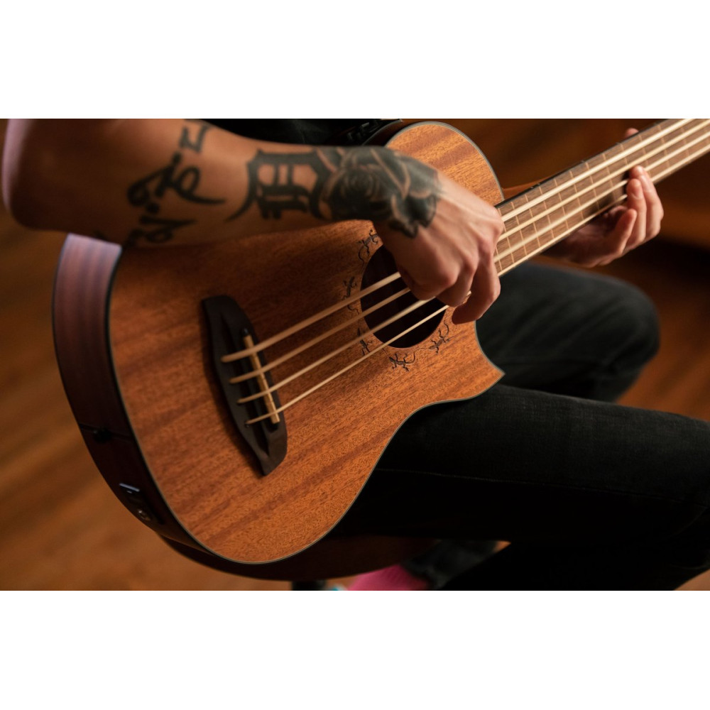 Ortega LIZZY-PRO Lizard Series Short Scale Fretless Uke Bass 4 String - Solid Mahogany Natural + Bag