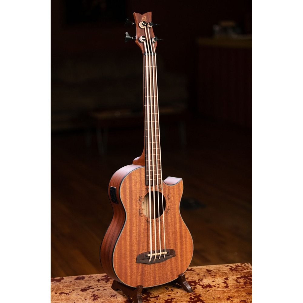 Ortega LIZZY-PRO Lizard Series Short Scale Fretless Uke Bass 4 String - Solid Mahogany Natural + Bag