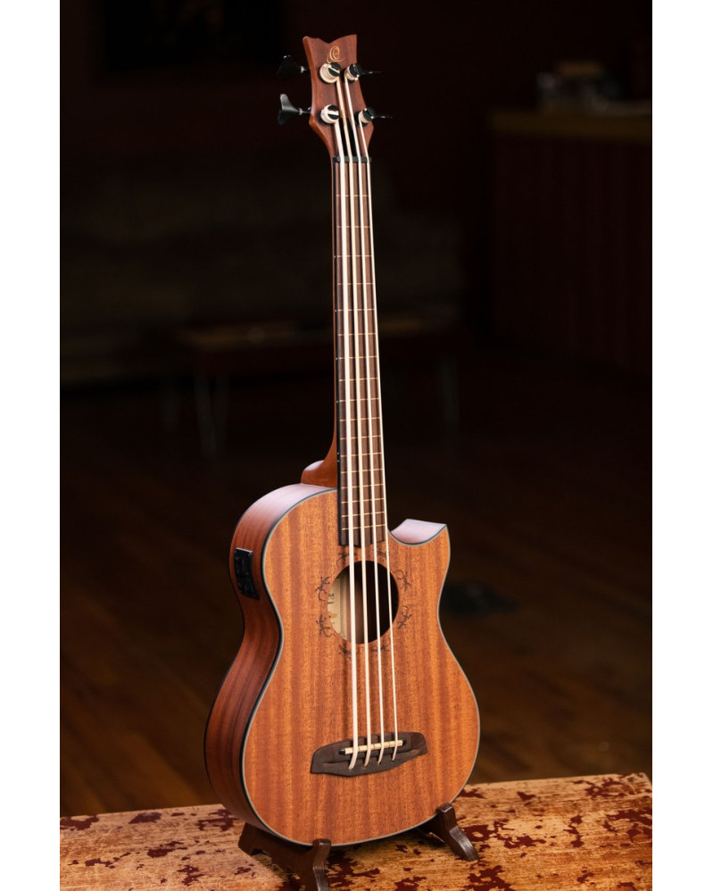 Ortega LIZZY-PRO Lizard Series Short Scale Fretless Uke Bass 4 String - Solid Mahogany Natural + Bag