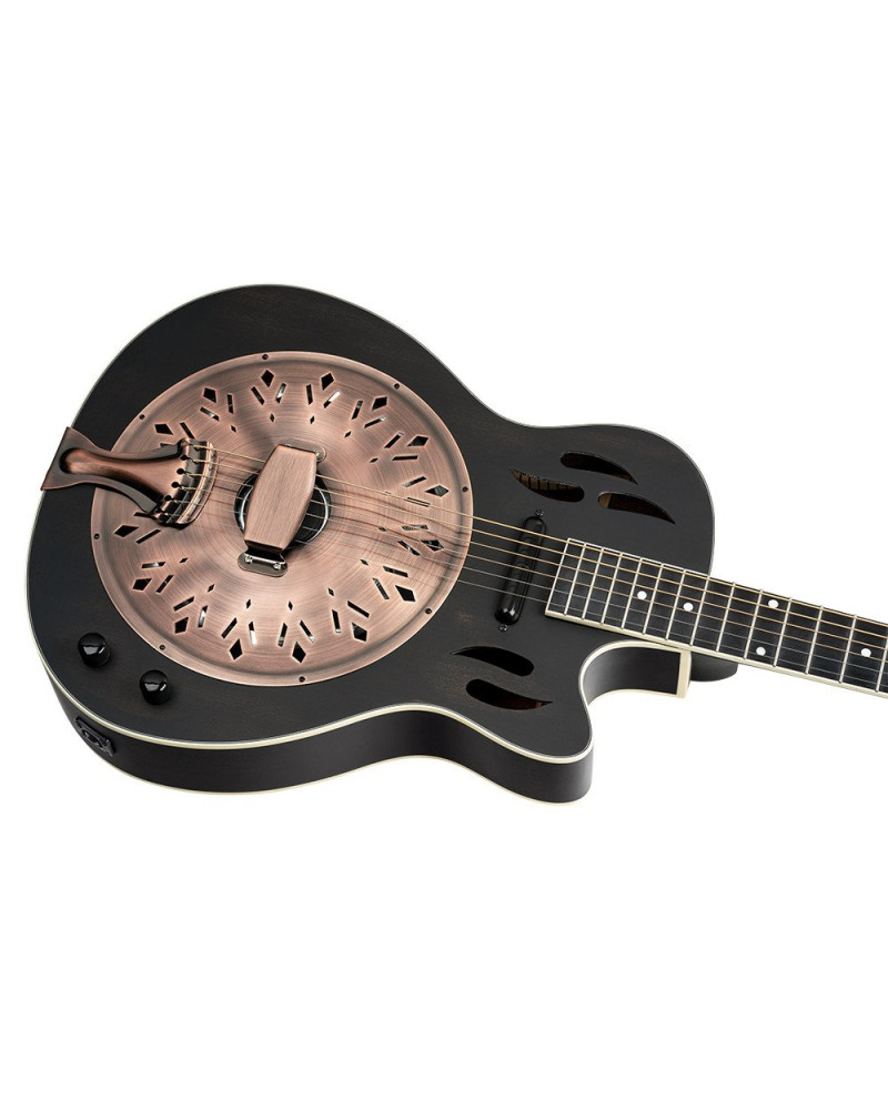 Ortega RRG40CE-DBK Americana Series Resonator Guitar 6 String - Distressed Black / Antique Brass HW