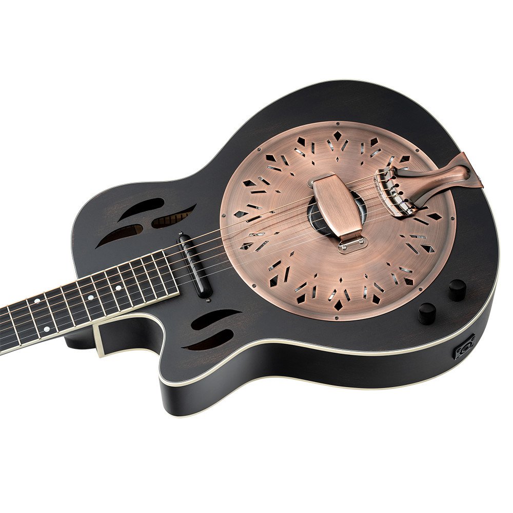 Ortega RRG40CE-DBK-L Americana Series Resonator Guitar 6 String Lefty - Distressed Black / Antique Brass HW