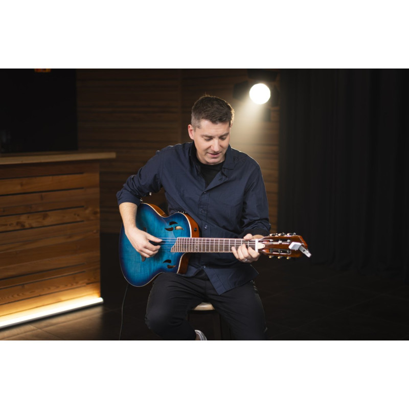 Ortega RTPDLX-FMA TourPlayer DeLuxe Nylon String Guitar 6-String - Flamed Maple Blue + Gig Bag
