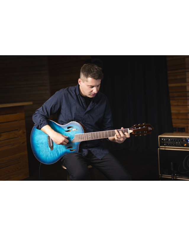 Ortega RTPDLX-FMA TourPlayer DeLuxe Nylon String Guitar 6-String - Flamed Maple Blue + Gig Bag