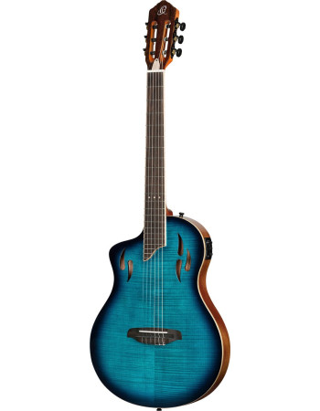 Ortega RTPDLX-FMA-L TourPlayer DeLuxe Nylon String Guitar 6-String Lefty - Flamed Maple Blue + Gig Bag