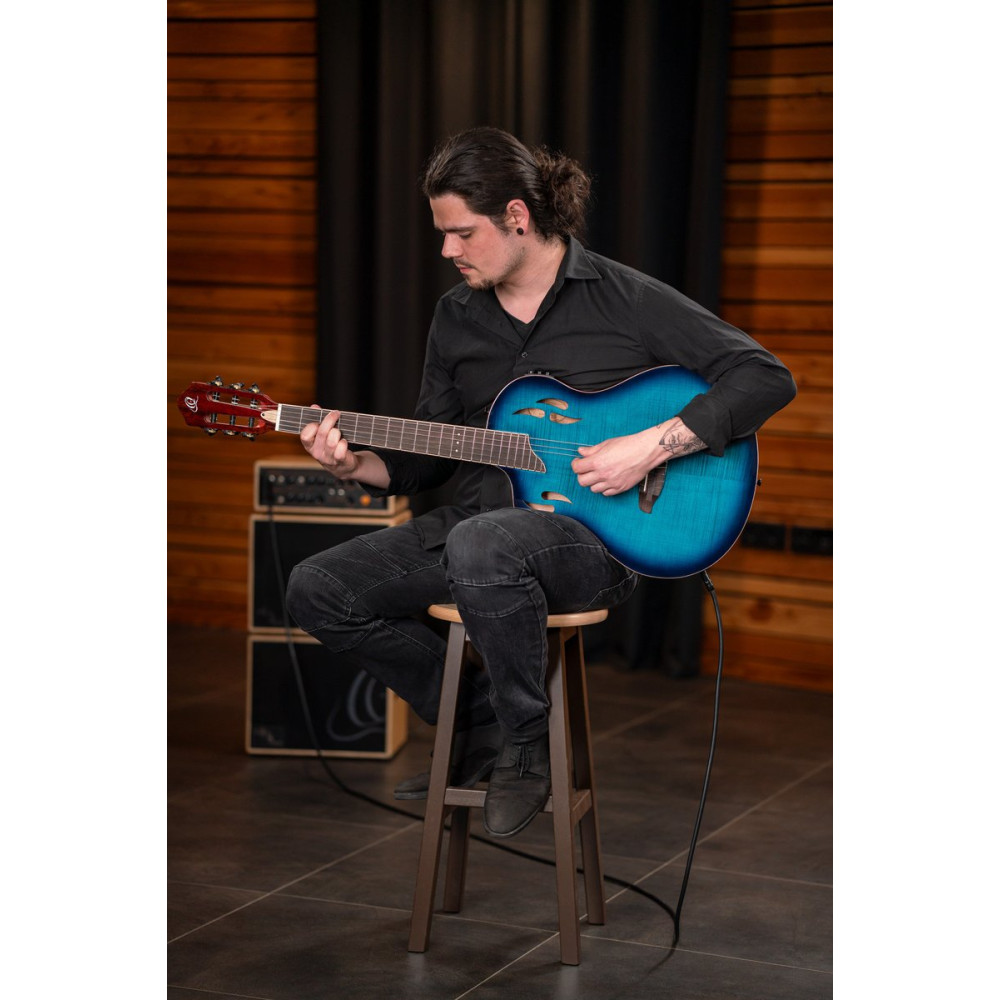 Ortega RTPDLX-FMA-L TourPlayer DeLuxe Nylon String Guitar 6-String Lefty - Flamed Maple Blue + Gig Bag