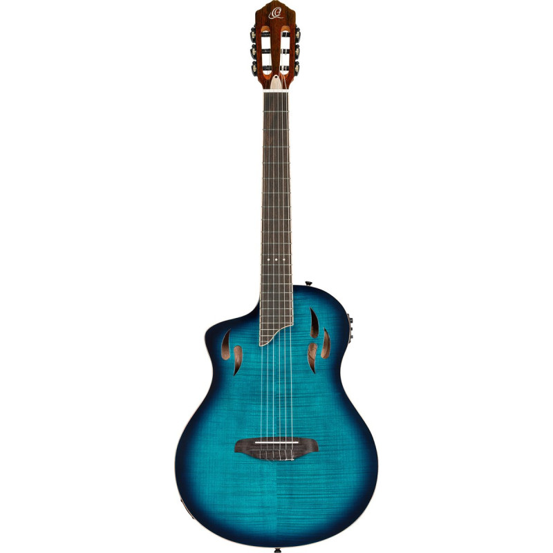 Ortega RTPDLX-FMA-L TourPlayer DeLuxe Nylon String Guitar 6-String Lefty - Flamed Maple Blue + Gig Bag