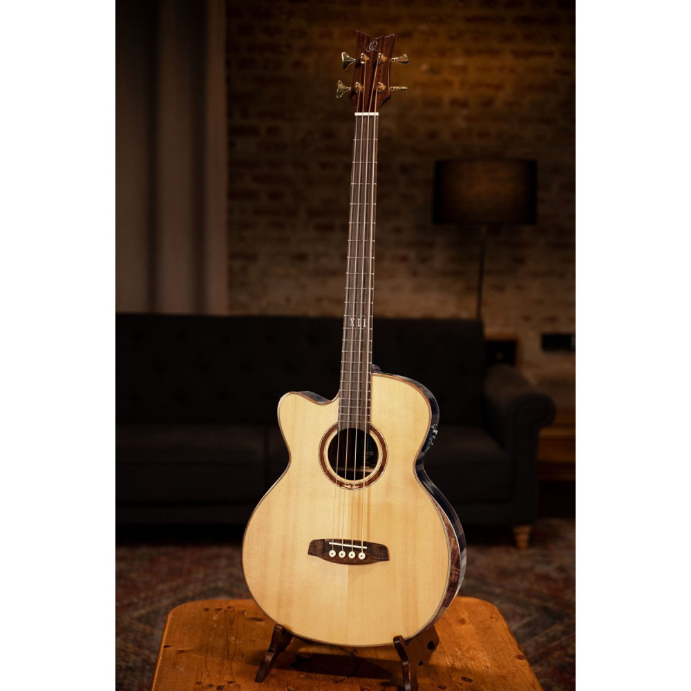 Ortega STRIPSU.ACB-L The Private Room Medium Scale Acoustic Bass 4 String Lefty - Spruce / Striped Ebony Natural + Bag