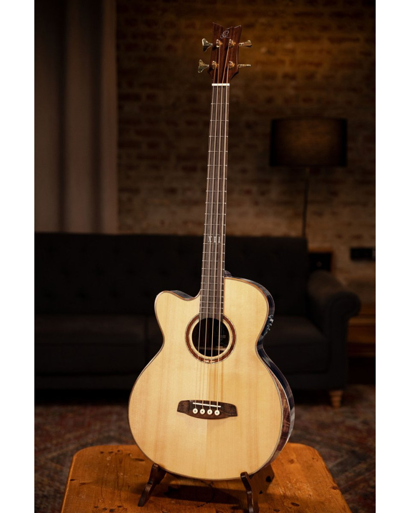 Ortega STRIPSU.ACB-L The Private Room Medium Scale Acoustic Bass 4 String Lefty - Spruce / Striped Ebony Natural + Bag
