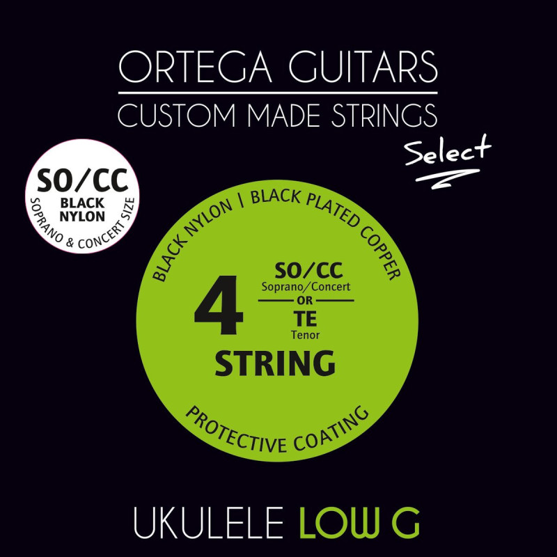Ortega UKSBK-SOCC-LG Custom Made Soprano/Concert Low-G Ukulele Select String Set Black Nylon, black plated Copper wound