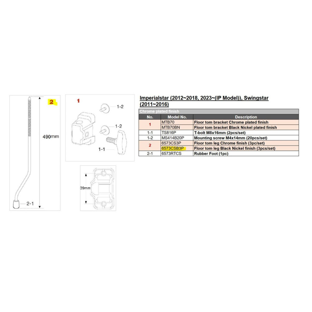 Tama 6573CSBN3P Floor tom leg (3pc/set) for Imperialstar (2012~2018, 2023~(IP Model)), Swingstar (2011~2016) - Black Nic