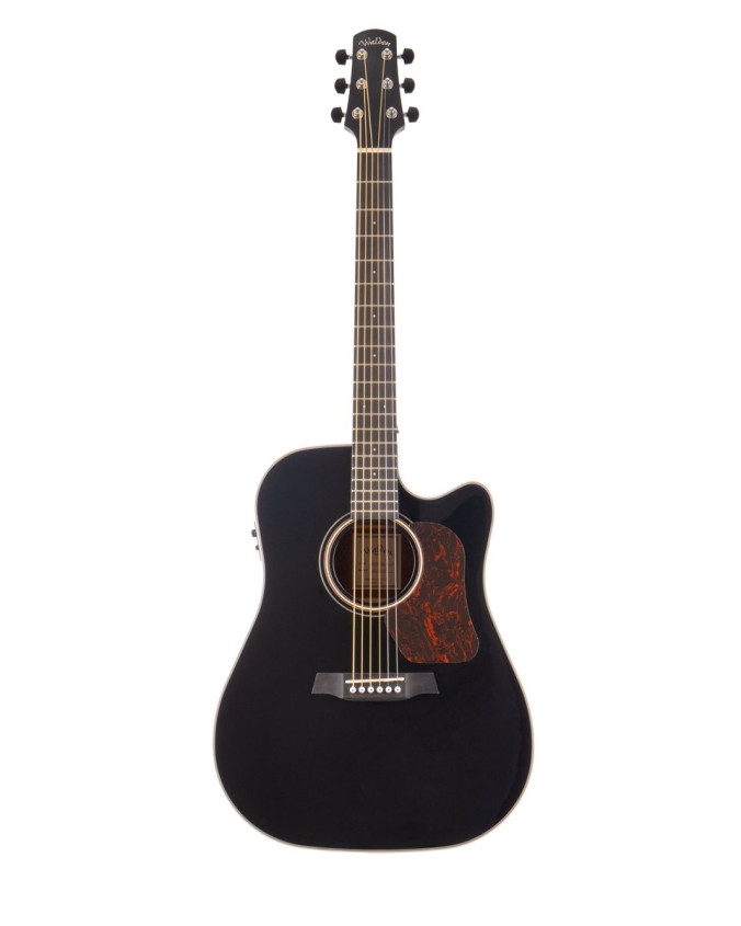 Walden WAD640CEB-B-W Steel String Guitar, Dreadnought, solid top, black gloss, cutaw ay, EQ,bag