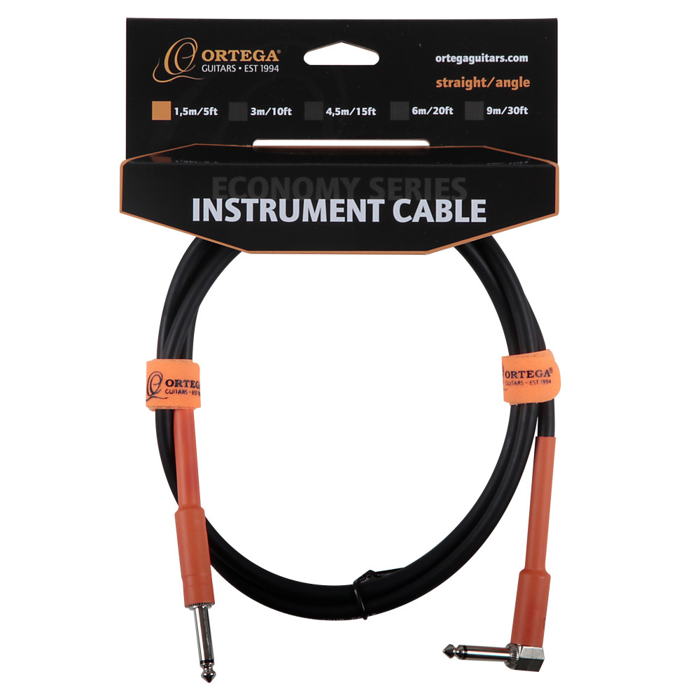 INSTR. CABLE 1,5m/5ft. ORTEGA BLACK PVC, STRAIGHT/ANGLE ECONOMY SERIES