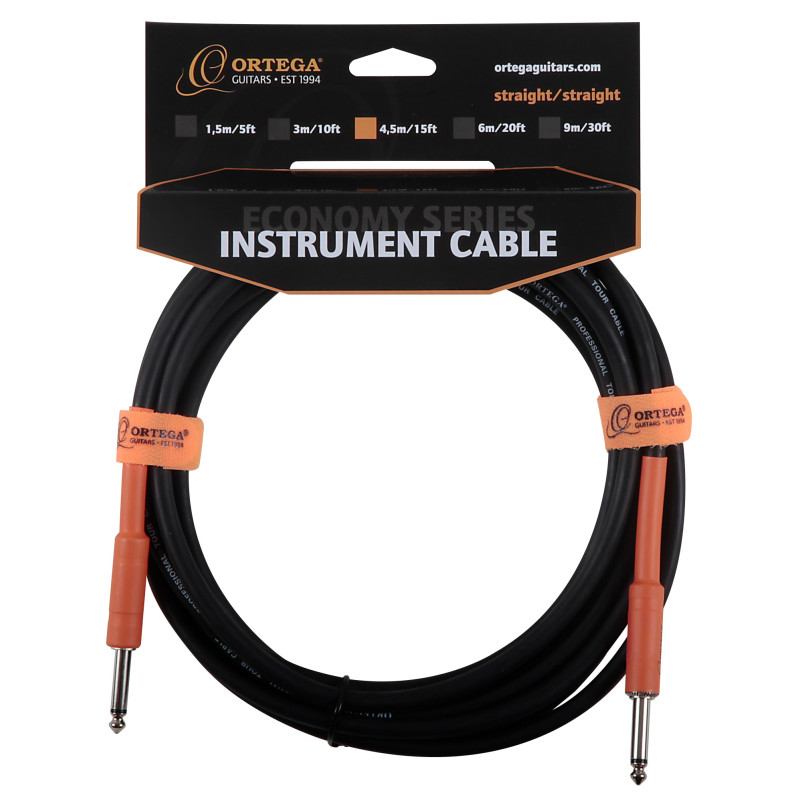 INSTR. CABLE 4,5m/15ft. ORTEGA BLACK PVC, STRAIGHT/STRAIGHT ECONOMY SERIES
