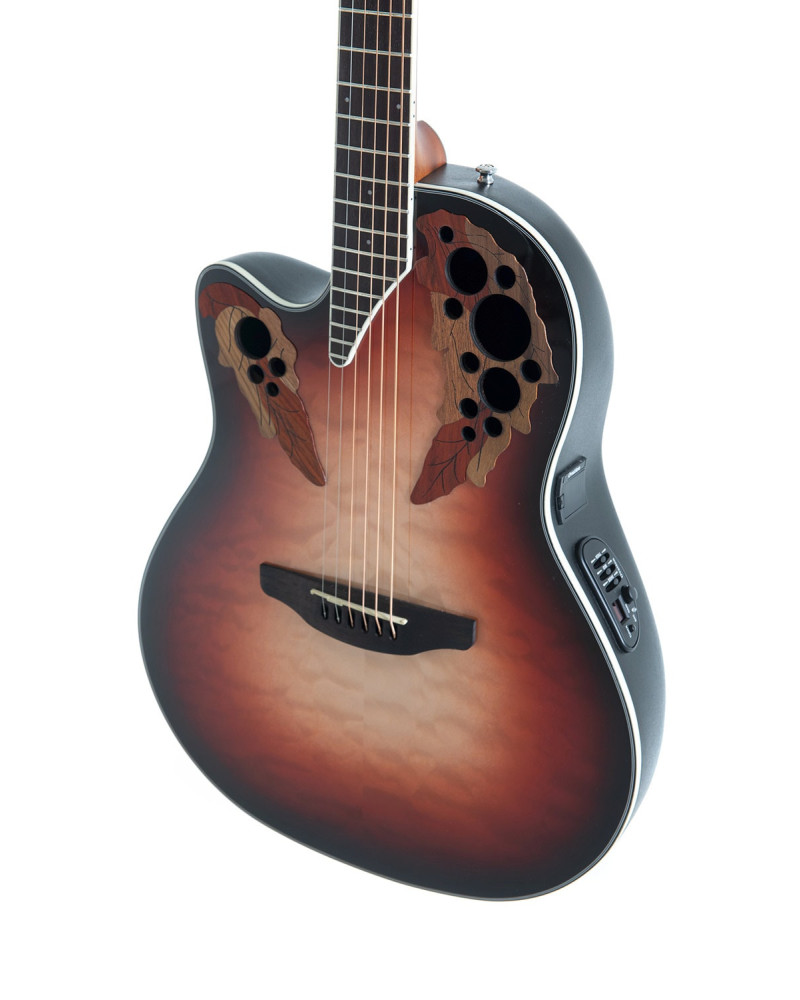 Ovation E – akustická kytara Celebrity Elite Plus Mid Cutaway Lefthand Ruby Burst