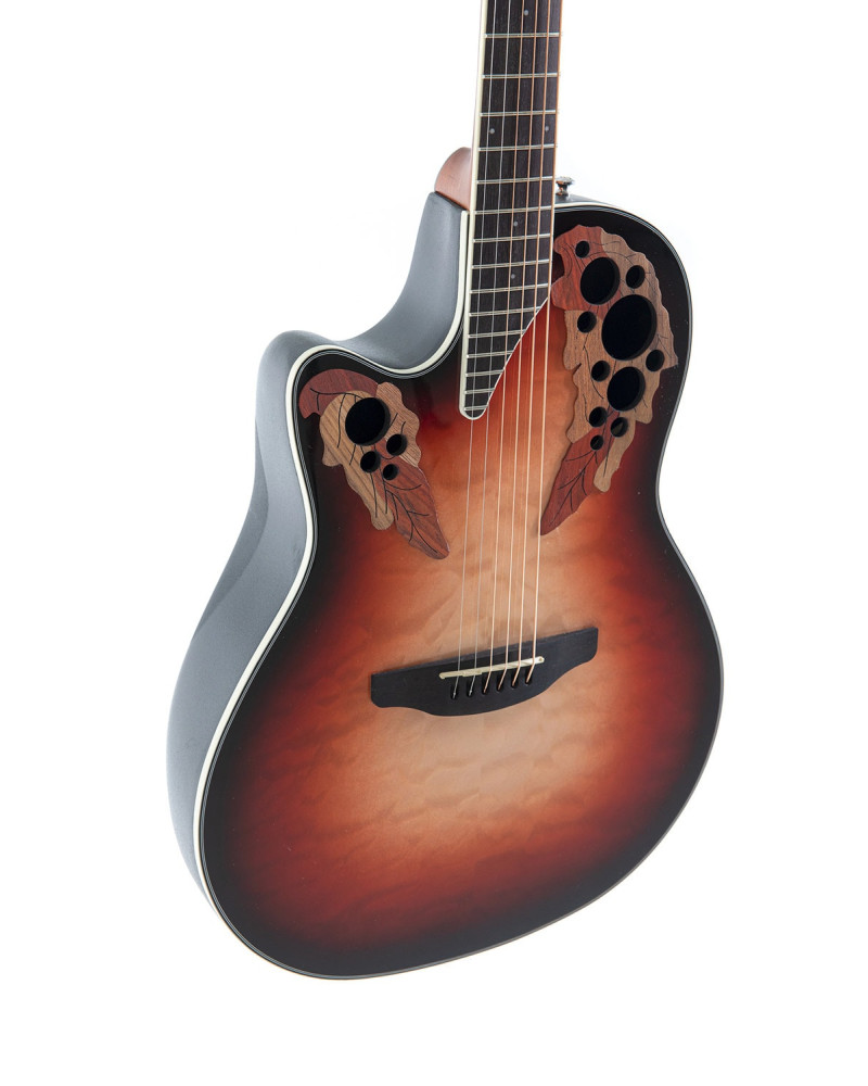 Ovation E – akustická kytara Celebrity Elite Plus Mid Cutaway Lefthand Ruby Burst