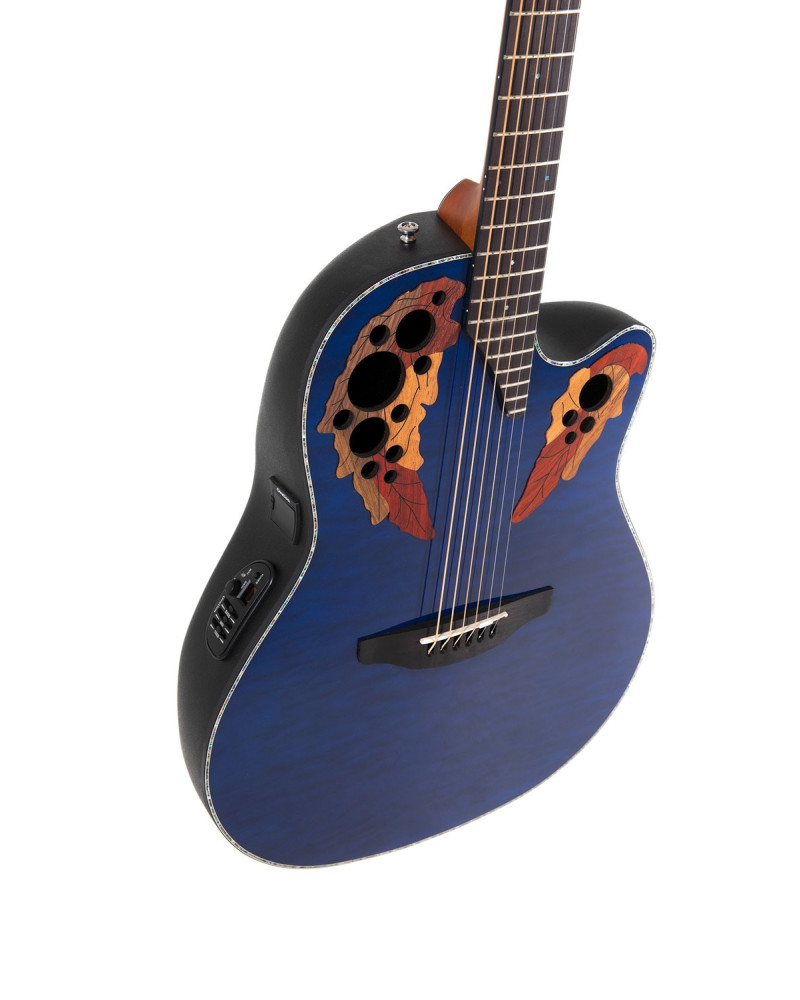 Ovation E – akustická kytara Celebrity Elite Plus Mid Cutaway Blue Transparent Quilt