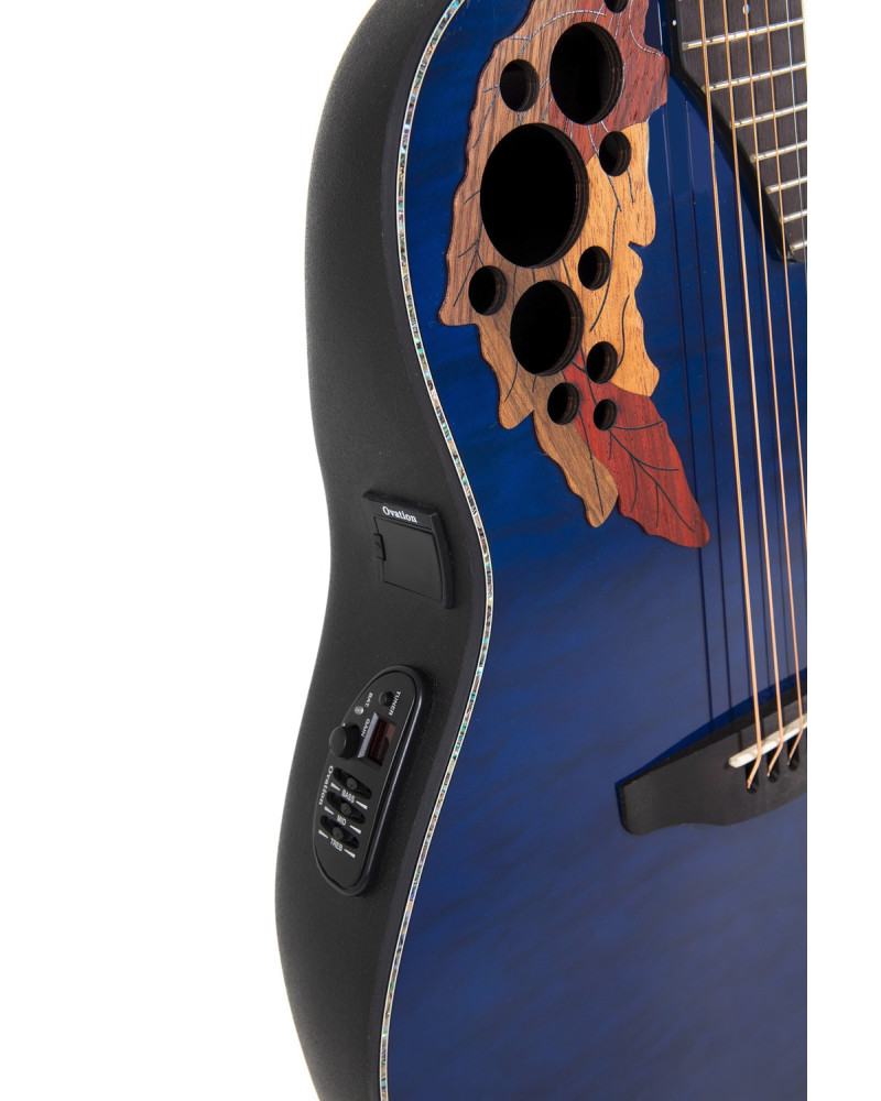 Ovation E – akustická kytara Celebrity Elite Plus Mid Cutaway Blue Transparent Quilt